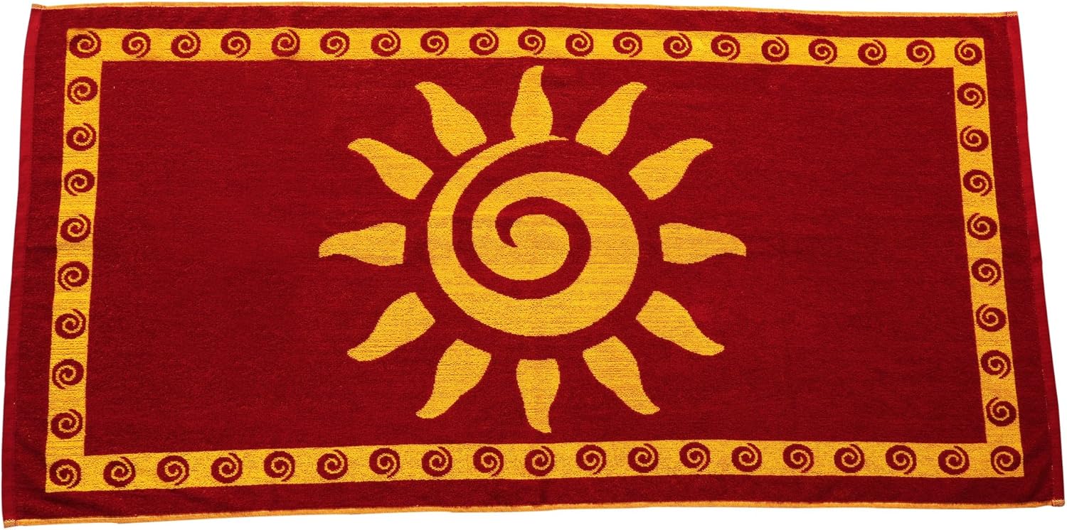 Arus Jacquard Woven Turkish Terry Cotton Beach Towel, Sun, Burgundy, 28x55
